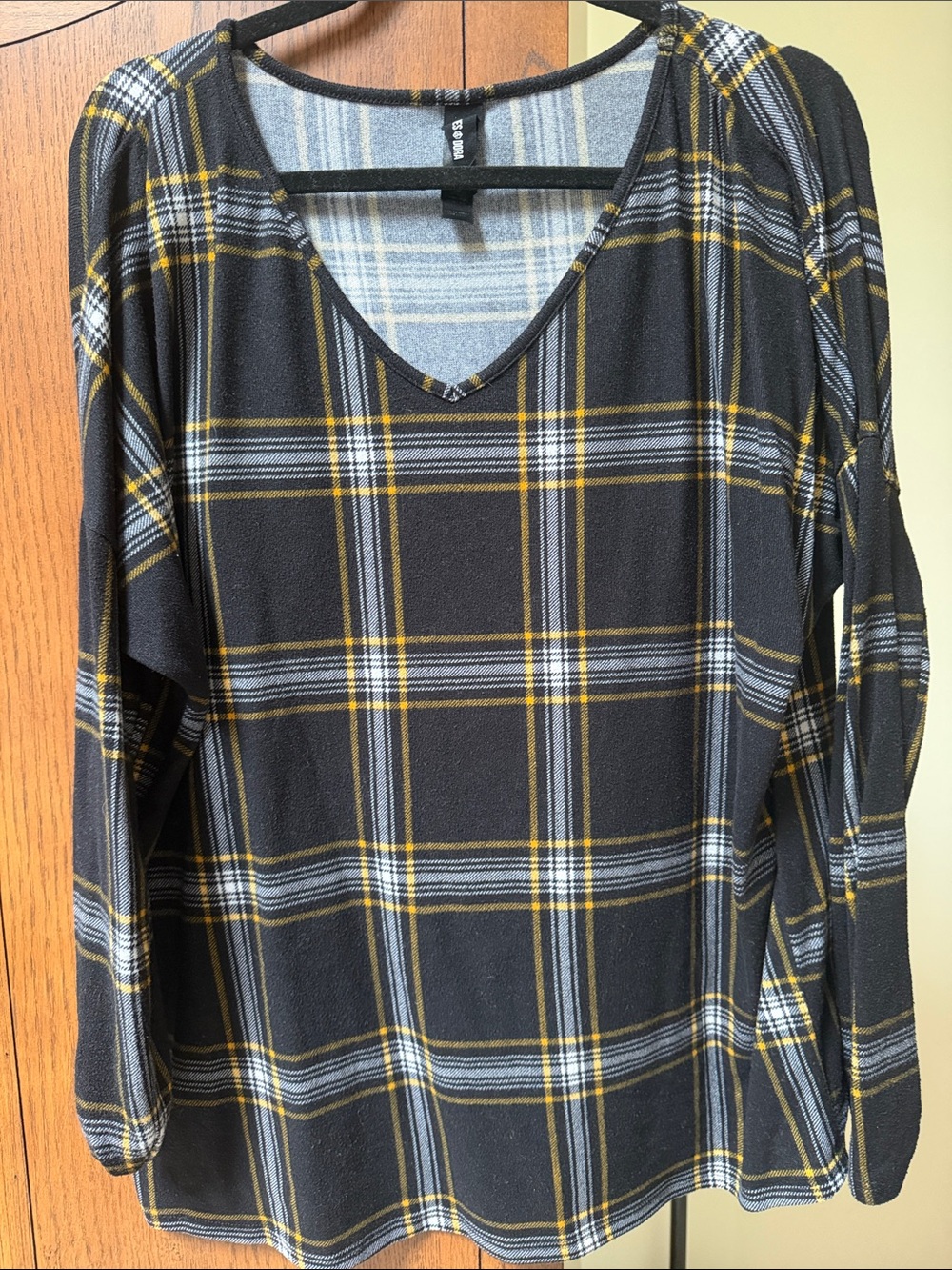 Agnes & Dora Black Plaid V-Neck Long Sleeve Top with Yellow Accent
